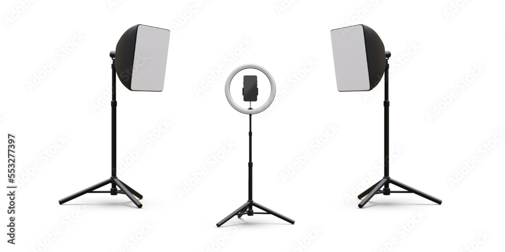 3d realistic phone on tripod with light bulb and spotlight. Vector illustration 3d realistic phone on tripod with light bulb and spotlight. Vector illustration