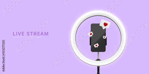3d realistic live stream concept. Phone on tripod with light bulb and social icons. Vector illustration