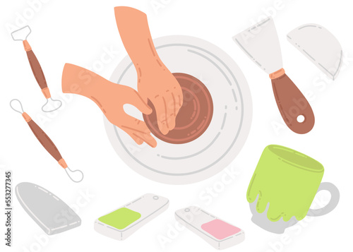 Hands of the master on the potter's wheel. A set of tools for working with clay. Making handmade ceramics. Pottery training. Vector illustration of hobby and creativity.