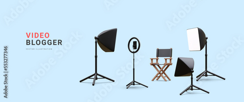 3d realistic video blogger concept banner. Place for work with floodlight, chair and phone on tripod with light bulb and spotlight. Vector illustration