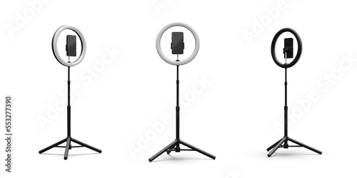 Set of 3d realistic phone on tripod with light bulb. Live stream concept. Vector illustration photo