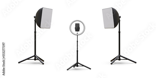 3d realistic phone on tripod with light bulb and spotlight. Vector illustration
