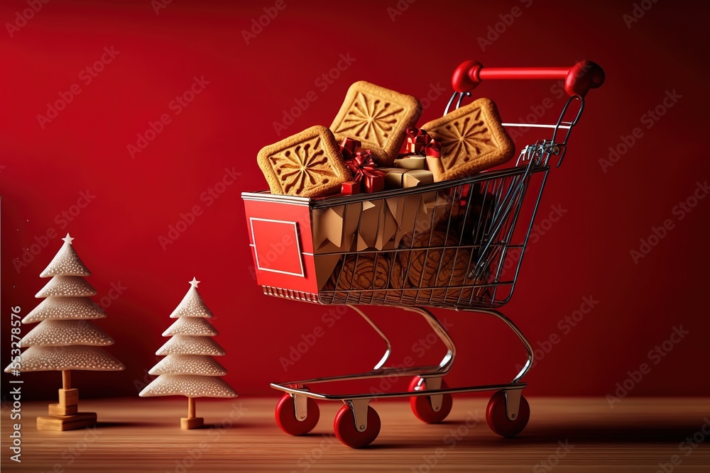 Shopping trolley with gift boxes and gingerbread cookies standing on a wooden table on a red background with Christmas fir tree. Christmas and New Year