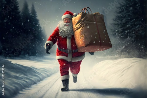Santa Claus with a huge bag on the run to delivery christmas gifts at snow fall.