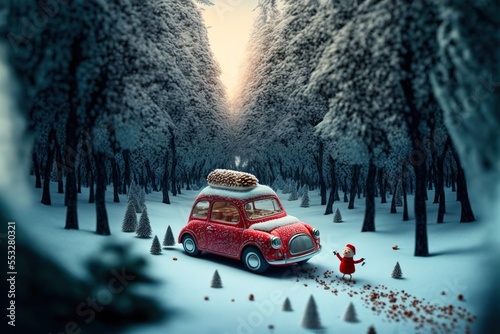 Snowy Winter Forest with miniature red car carrying Christmas Cookies