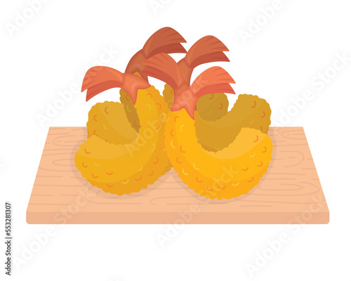Doodle flat clipart. Shrimp tempura on the board. All objects are repainted.