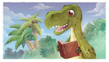 Illustration of tyranosaurus reading a book in the jungle