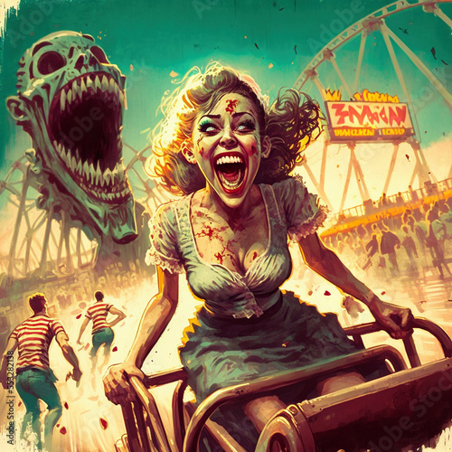 Zombies having fun at an amusement park - fun fair, rollercoaster, bumpy cars, Generative AI, Generative, AI
