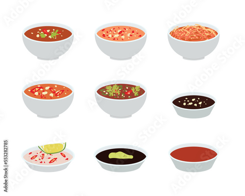 Set of dipping sauce with chili, garlic, salt, soy, mustard flat vector design illustration. Fish sauce clipart. Asian food. Asian cuisine