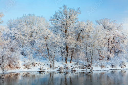 Beautiful view of the winter river and fishermen's bridges. Trees against the background of the morning blue sky. Snow-covered trees on the river bank are reflected in the water after snowfall.