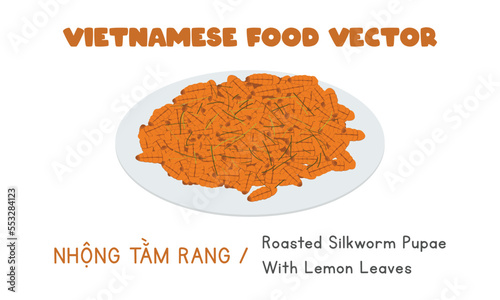 Vietnamese roasted silkworm pupae with lemon leaves flat vector design. Nhong Tam Rang clipart cartoon style. Asian food. Vietnamese cuisine exotic food photo