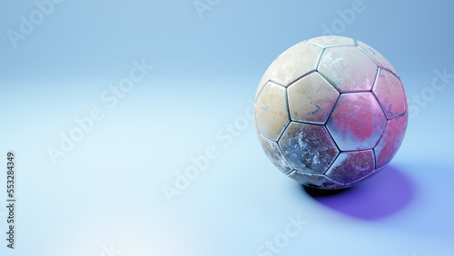 Soccer ball in goal on blue background, metal ball on blue background, 3d rendering