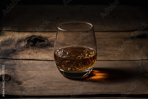 Whiskey bourbon glass on dark woody background, close up. AI
