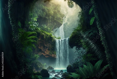 Breathtaking waterfall inside deep tropical forest