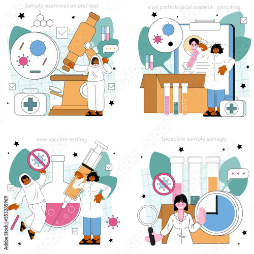 Virologist concept set. Scientist studies viruses and bacteria in a laboratory.