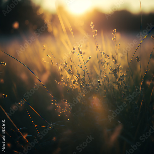 A close-up shot of a meadow in the early evening. The grass is swaying in the soft golden light of the setting sun. The background is blurry and out of focus, creating a sense of calm and tranquility