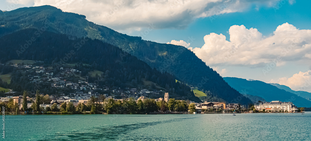 Beautiful alpine summer view with the famous Grand Hotel at the Zeller See lake, Zell am See, Salzburg, Austria