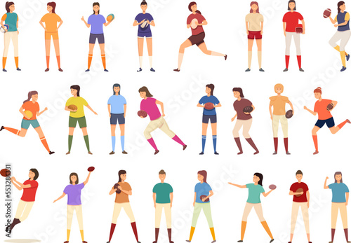 Woman Rugby Player icons set cartoon vector. Football girl. Sport team