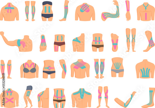 Kinesio taping icons set cartoon vector. Fitness gym. Medical health