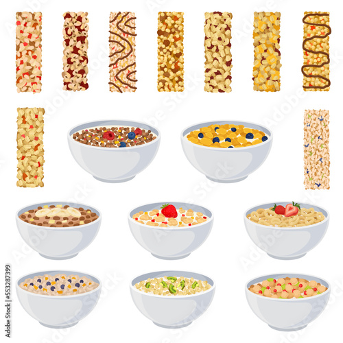 Granola with Dry Muesli and Cereal in Bowl with Milk and Bar Big Vector Set