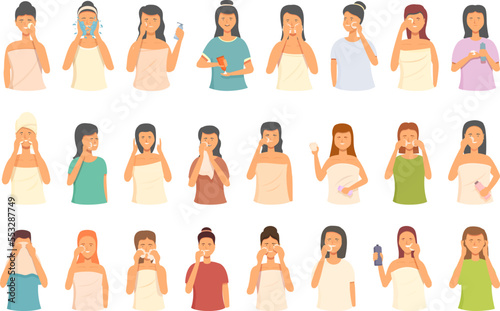 Make-up removal icons set cartoon vector. Face beauty. Mask woman
