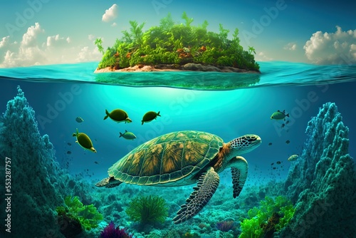 Green underwater view of a tropical island with birds and coral reef made on the shell of a swimming giant green turtle. Background with copy space and sea turtle in tropical island photo