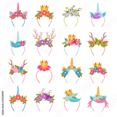 Hair Band and Headband with Decorative Flower, Horn and Crown Big Vector Set