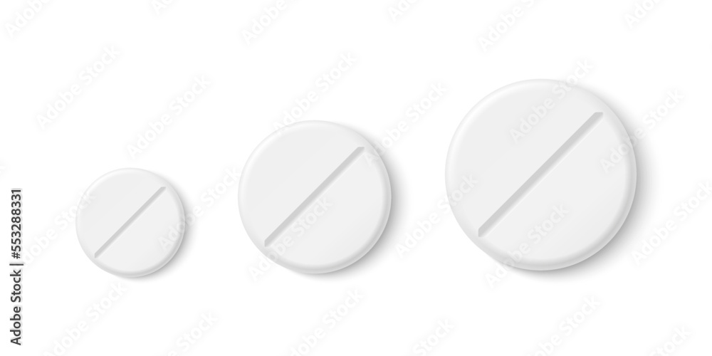 Vector 3d Realistic Round White Pharmaceutical Medical Pill, Capsule, Tablet Icon Set Isolated on White Background. Top View. Medical Concept Vector 3d Realistic Round White Pharmaceutical Medical Pill, Capsule, Tablet Icon Set Isolated on White Background. Top View. Medical Concept