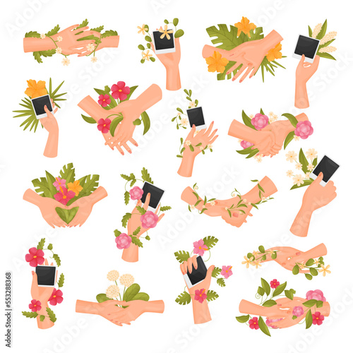 Hands Holding Flowers and Rhoto Card Big Vector Set