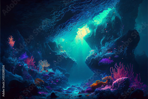 Underwater world scene. Coral reef and sun ray shining through clean ocean water. (Created with Generative AI technology) photo