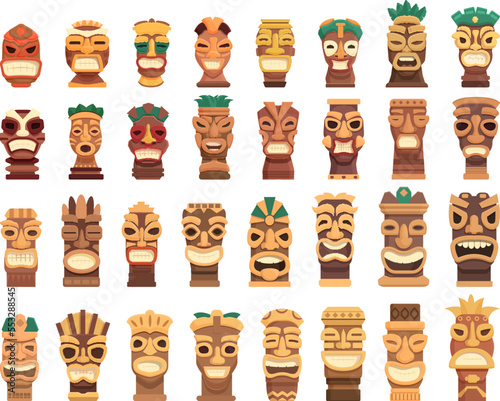 Totem icons set cartoon vector. Stone altar. Aztec idol