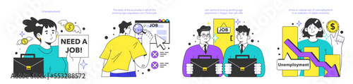 Unemployment concept set. Social problem of occupancy, job offer