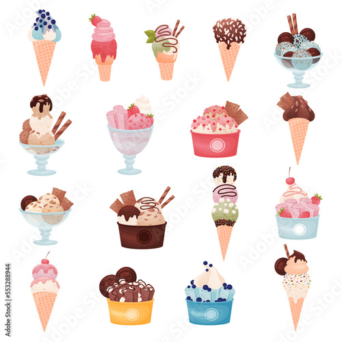 Tasty Ice Cream as Cold Sweet Frozen Dessert Big Vector Set