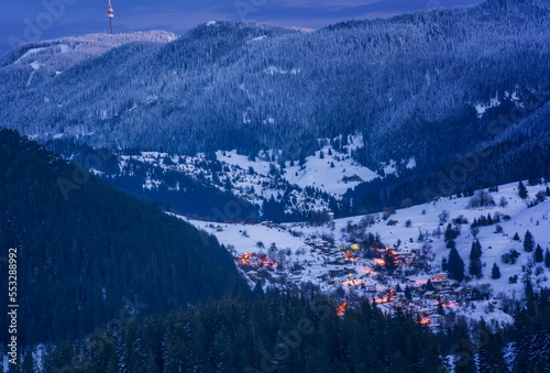 Winter forest, mountain landscape in the wintertime, snow-covered trees. Bulgaria, Gela, Rhodope Mountains