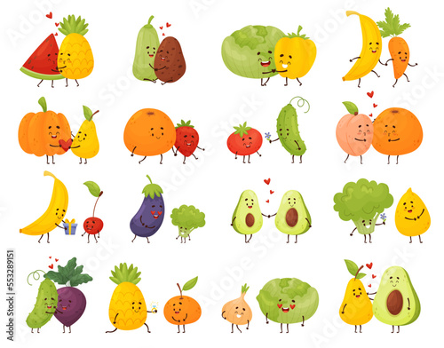 Cute Fruit and Vegetables Embracing and Holding Hands Big Vector Set