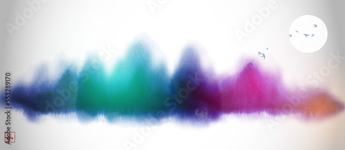 Dreamy landscape with misty rainbow forest and sun hidden in the fog. Traditional oriental ink painting sumi-e, u-sin, go-hua. Translation of hieroglyph - harmony