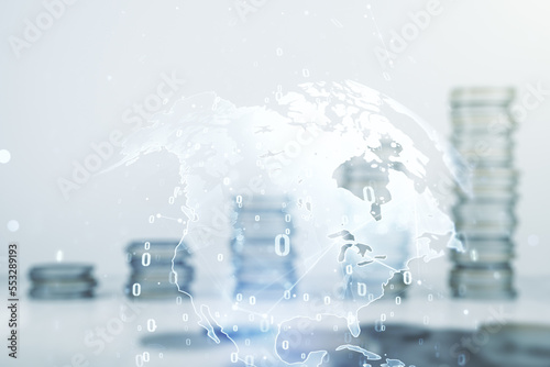 Multi exposure of abstract software development hologram and world map on growing stacks of coins background, global research and analytics concept © Pixels Hunter