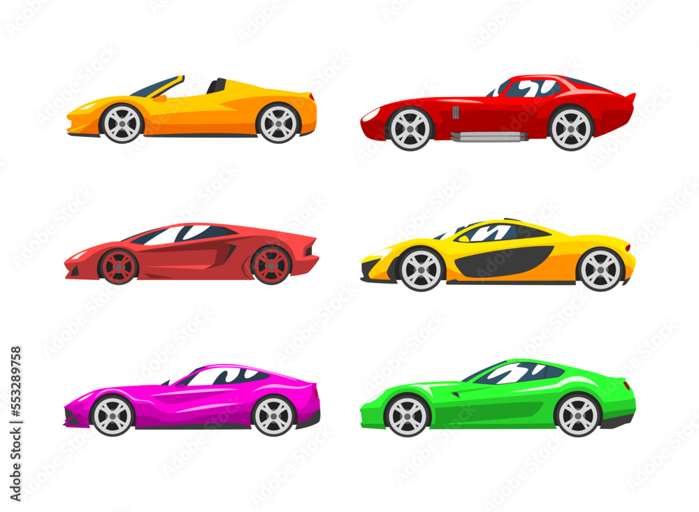 Race Car Colorful Model for Road Speed Competition Side View Vector Set
