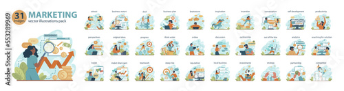 Marketing conceptions big set. Commercial project launching and promotion.