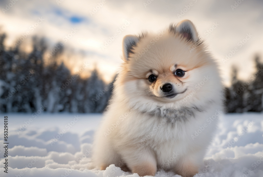 A Cute Fluffy Pomeranian Puppy Dog, with a Winter Snow background. Generative AI. A Cute Fluffy Pomeranian Puppy Dog, with a Winter Snow background. Generative AI.