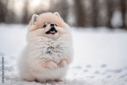 A Cute Fluffy Pomeranian Puppy Dog, with a Winter Snow background. Generative AI. photo