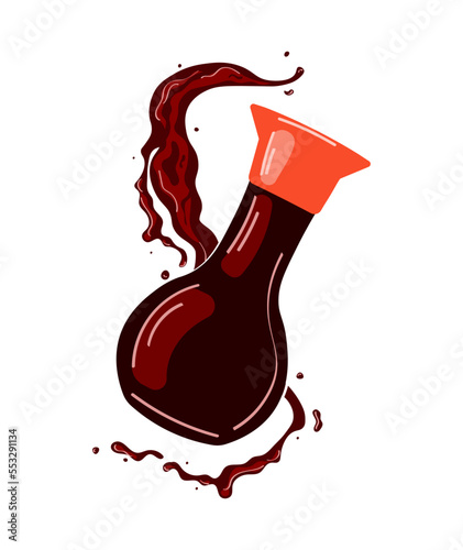 Soy sauce in glass bottle. Traditional asian salty sauce for sushi in cartoon style.Vector illustration isolated on white background.	
