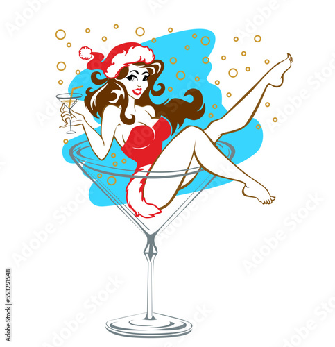 Beautiful Santa girl sits in a tall cocktail glass surrounded by champagne bubbles and holds a glass in her hand. Pin up cartoon vector on transparent background