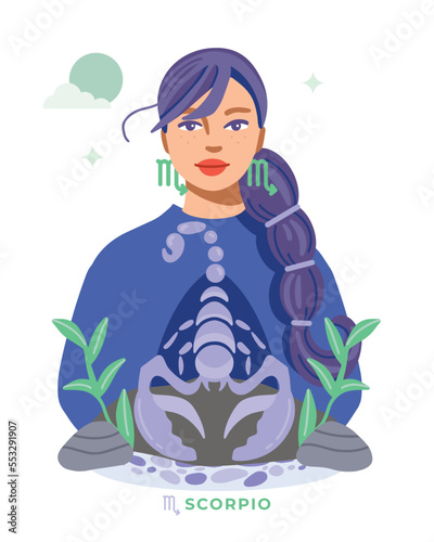 Scorpio zodiac sign. Horoscope. Illustration of Scorpio astrological sign of beautiful girl with scorpion, rocks. Vector art. Mystical. Water sign.