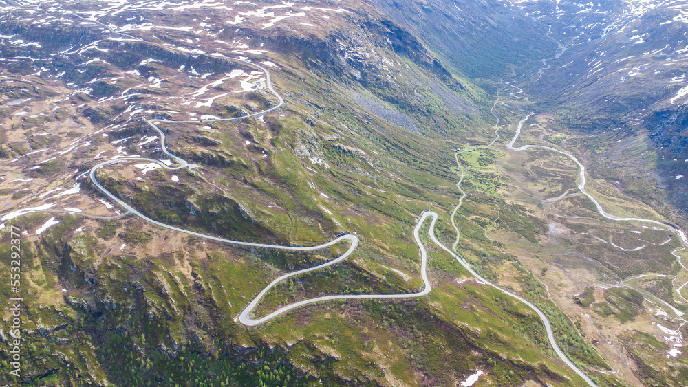 Aerial view of a winding road on the famous Sognefjell mountain pass road in Norway
