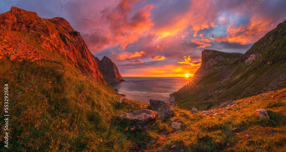 beautiful sunset at kvalvika beach on the lofoten islands in norway