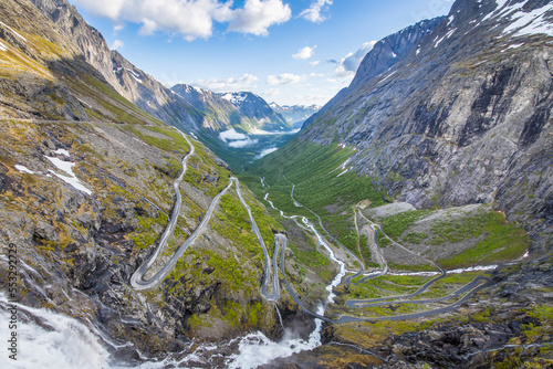 Aerial view of a winding road and valley on the famous Trollstigen mountain pass road in Norway