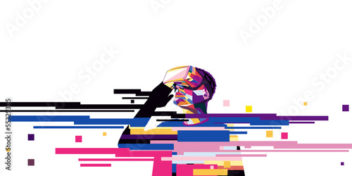 Vector illustration of a man wearing virtual reality glasses. The concept of modern technology. In modern art style.
