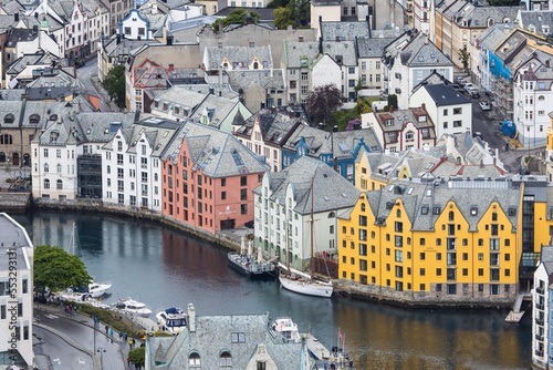 Aerial view into the city centre of Ålesund in Norway photo