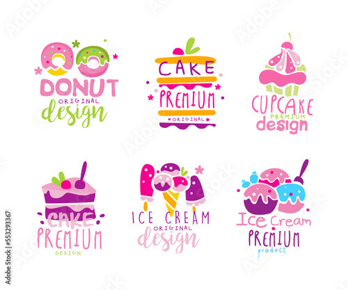Confectionery Emblems with Sweet Cake and Sugary Dessert Vector Set